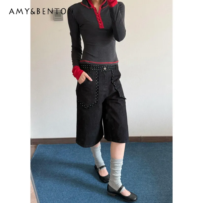 

American Retro Polka Dot Splicing Black Women's Jeans 2026 Spring Summer New Sweet Cool Y2k Fashion Loose Cropped Pants Ladies