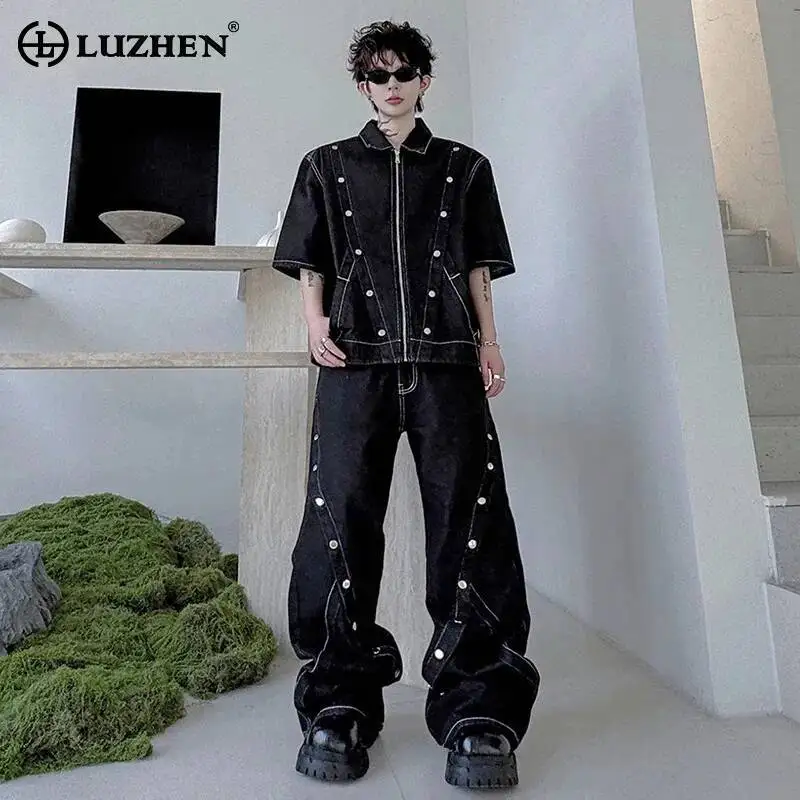 

LUZHEN 2026 Summer Original Street Denim Two-piece Sets Men's Fashion Buttoned Decorate Wide Leg Jeans Short Sleeve Shirt JY7026