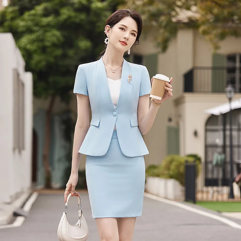 New Styles Summer Short Sleeve Formal Women Business Suits with Skirt and Tops Ladies Office Work Wear Professional Blazers Set