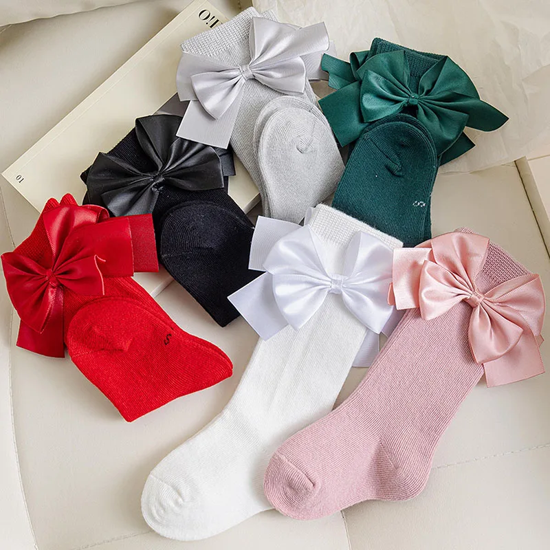 Baby Girl Knee High Socks Soft Long Socks Spring Fall Winter Stockings with Satin Bow for Infants Toddlers