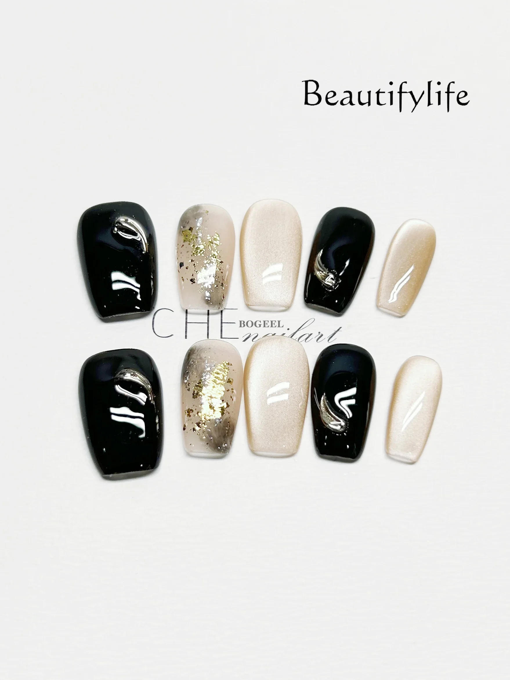 

Purely handmade custom wearing nail black powder whitening French nail patch