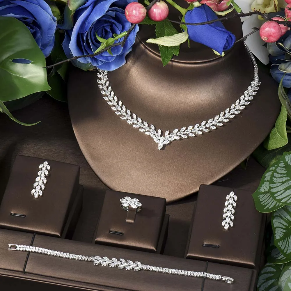 

European Wedding Bridal Leaf Styles Necklace for Women Elegant Party Accessories Fashion Cubic Zirconia 4PCS Jewelry S-281