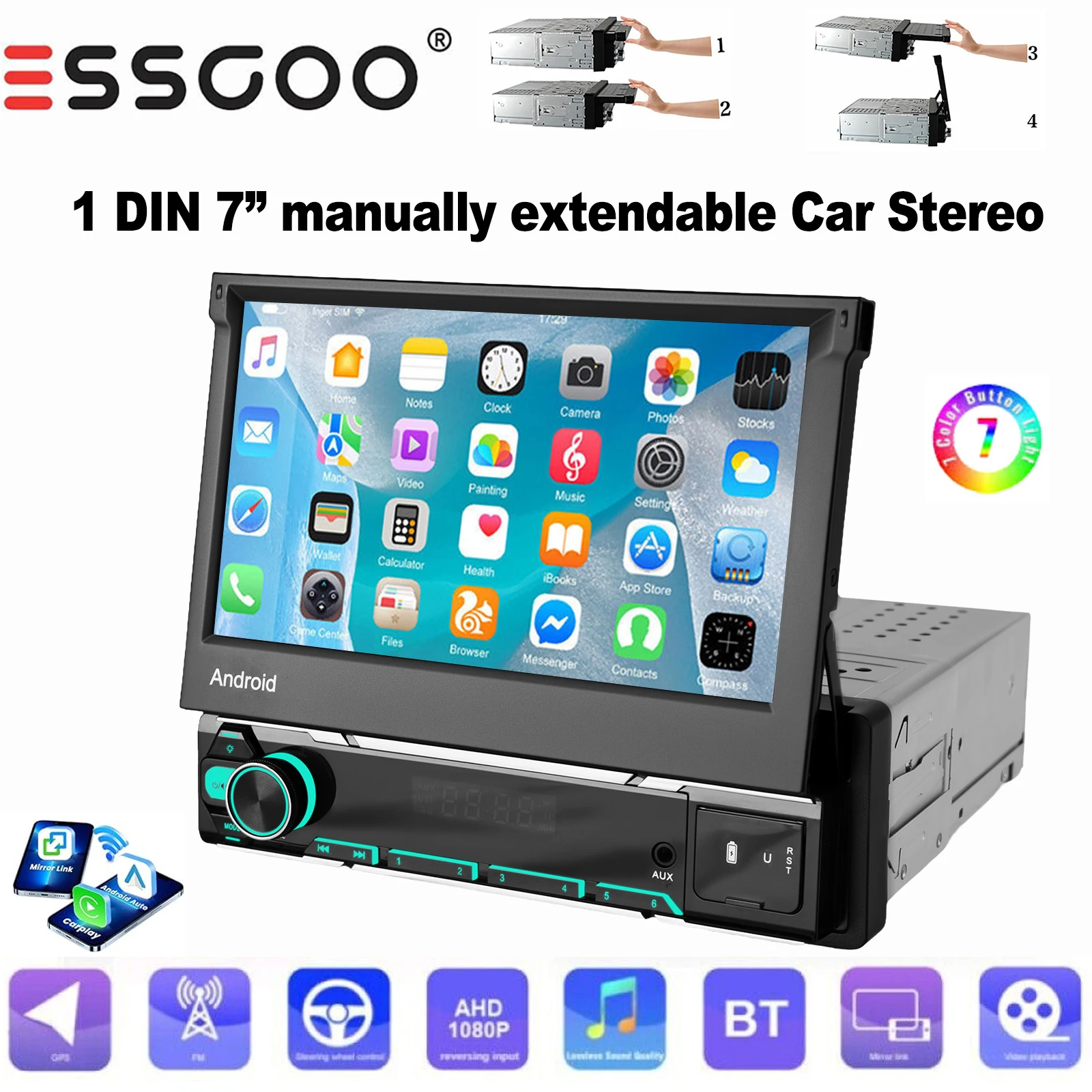ESSGOO 1 DIN 7 Zoll manuell ausziehbares kabelloses Carplay Android Auto Autoradio GPS NAV WIFI Bluetooth SWC RDS FM Spiegellänge AUX