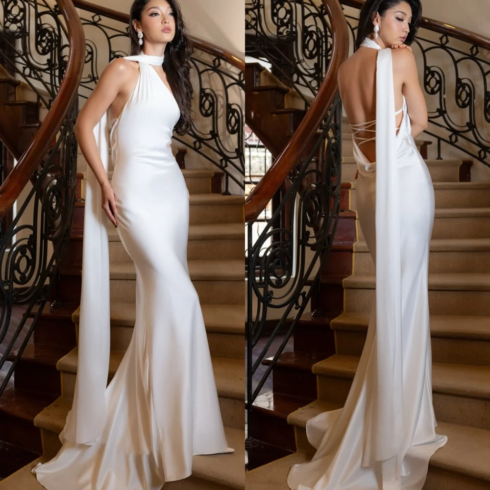 

Customized Delicate Ivory Satin Evening Dress High Quality Crew Neck Sleeveless Open Back Mermaid Sweep Train Homecoming Dress
