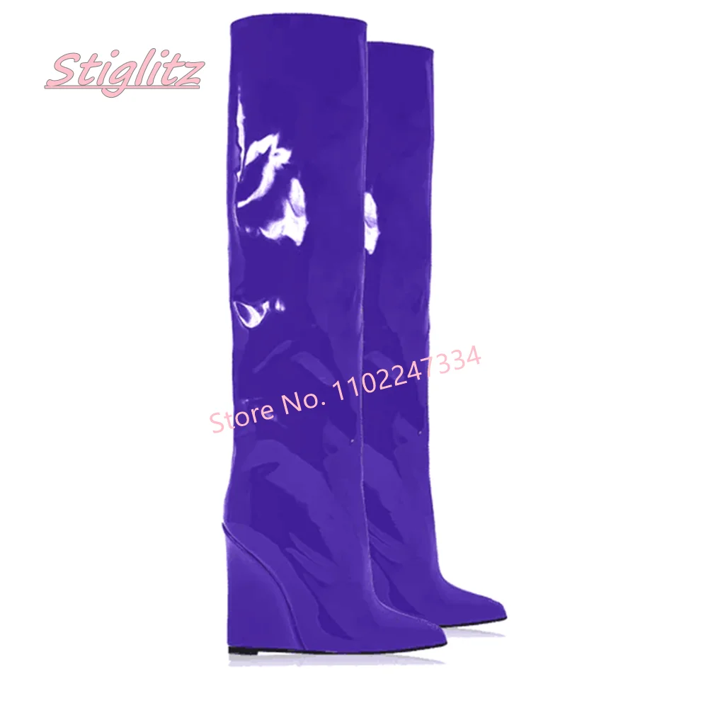 

Purple Wdege Knee High Boots Women's Solid Luxury Patent Leather Sexy footwear Pointed Toe Party Fashion Shoes New Arrival