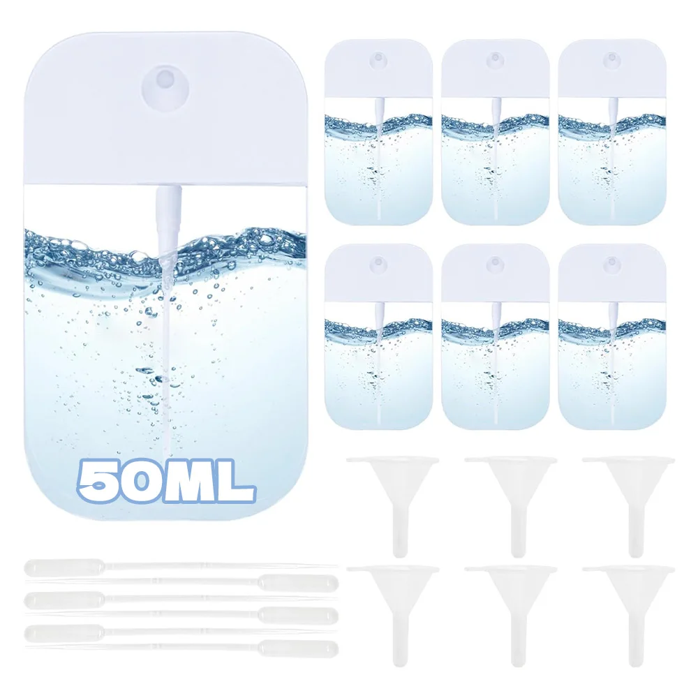 Kit de botella pulverizadora estilo tarjeta de 7 piezas: atomizador de perfume recargable a prueba de fugas para desinfectante de manos, cosméticos, tamaño de viaje 50 ml/38 ml