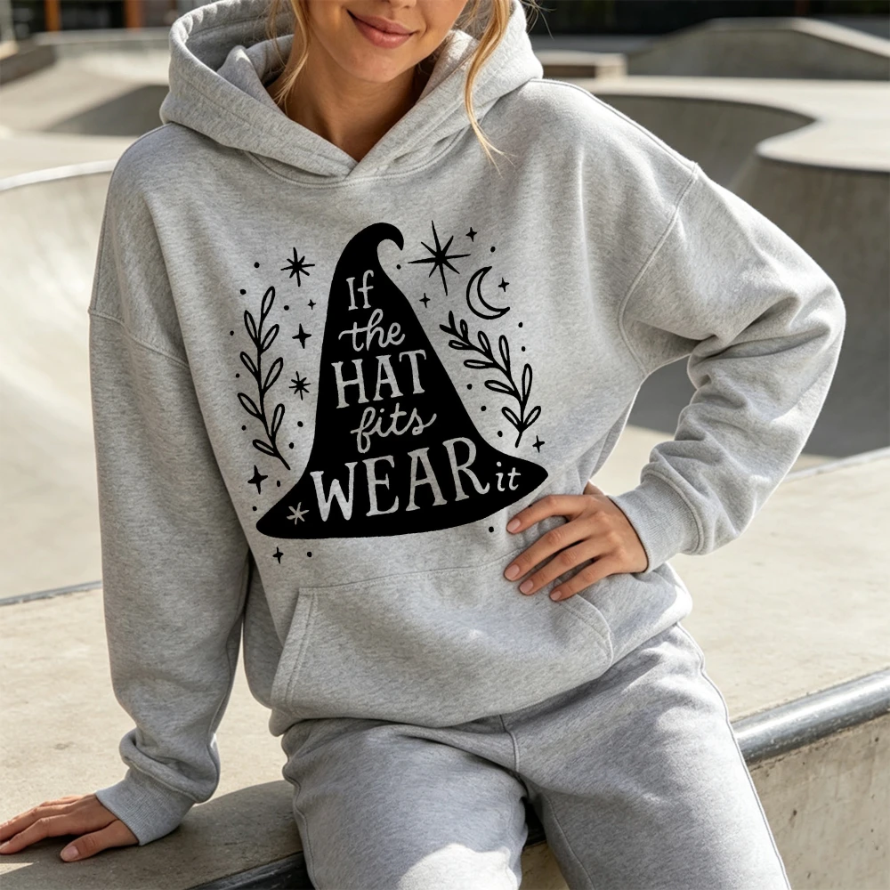 If The Hat Fits Wear It Witch Hat Graphic Women Sweatshirt Fall Halloween Spooky Vibes Retro Magic Salem Cute Gift Long Sleeve