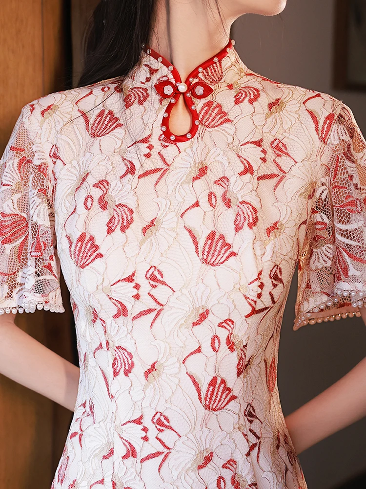 Cheongsam kobiety chiński stylowa sukienka elegancka koronka kwiat Qipao Vintage mandaryński kołnierz przedsionek ulepszona suknia suknia bankietowa