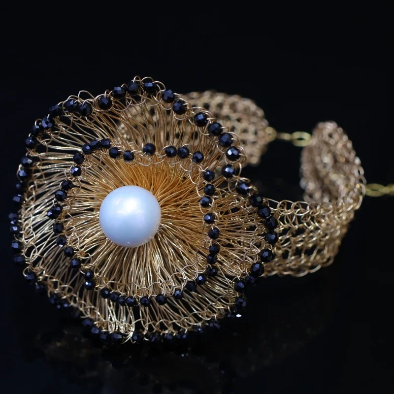 

SGARIT New Arrival Jewelry DIY Folk-knitting 11-12mm 14k Filled Gold Natural Freshwater Pearl with Black Spinel Bracelet