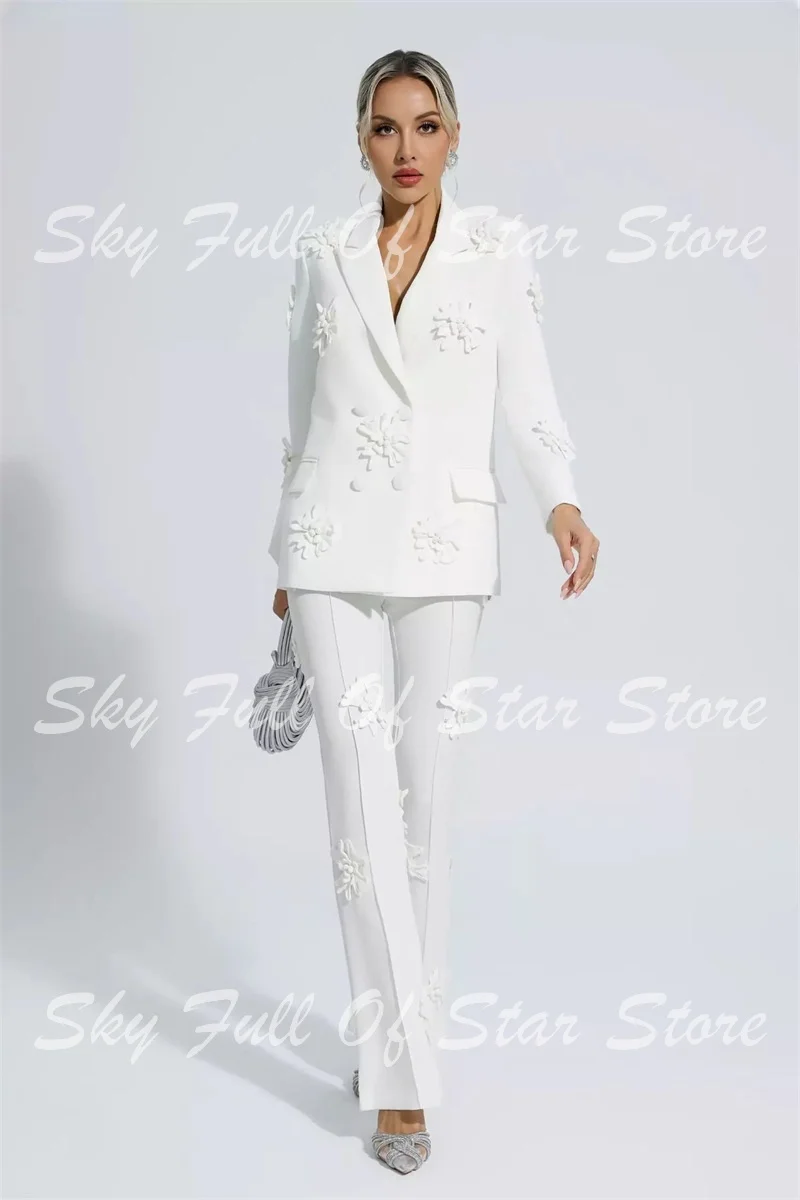 White 3D Floral Women Suit 2 Pcs Double Breasted Blazer+Flare Pants Custom Formal Wedding Bride Evening Party Office Lady Coat view 2