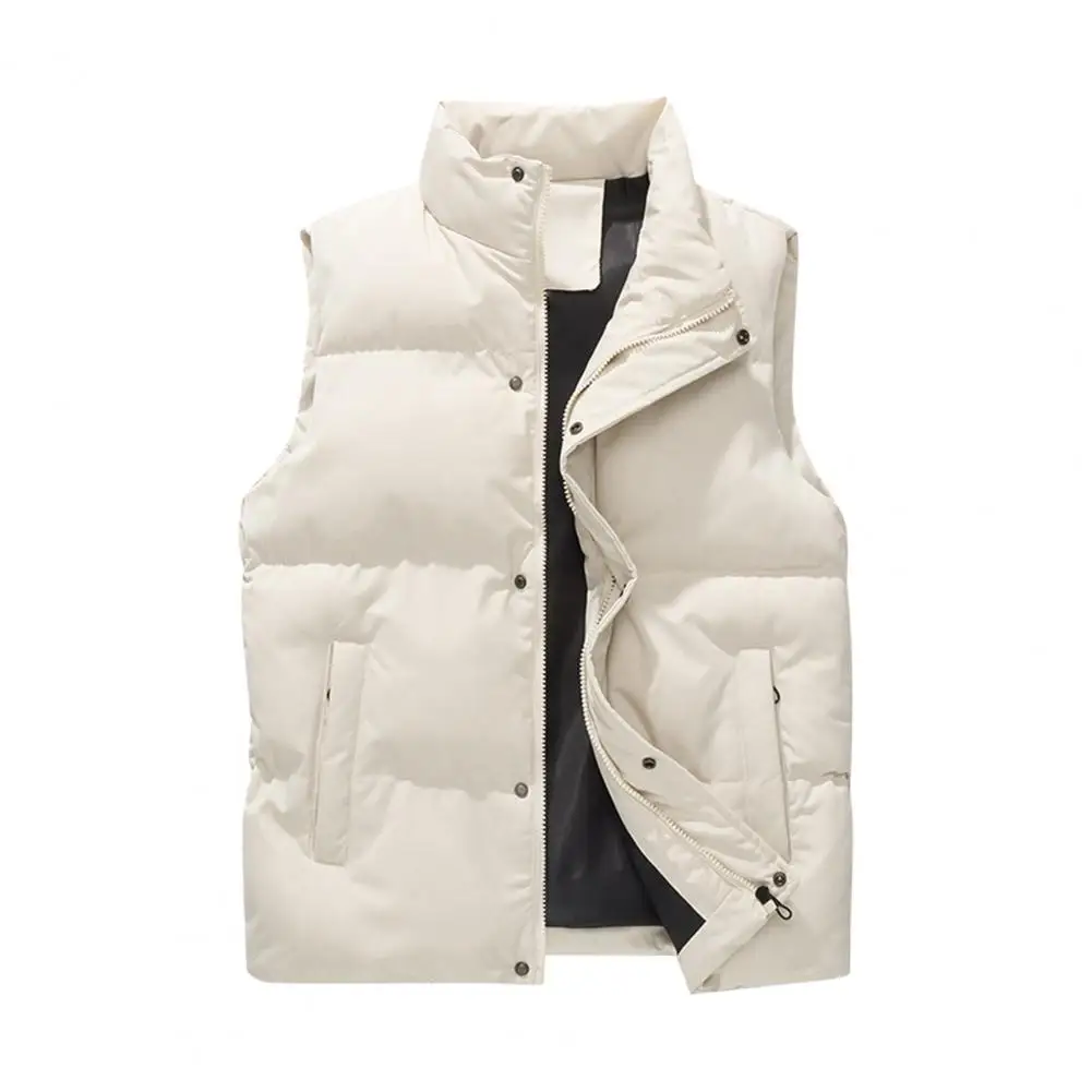 Plus Size Men Windproof Vest Stand Collar Sleeveless Button Zipper Waistcoat Solid Color Thickened Down Vest Coat