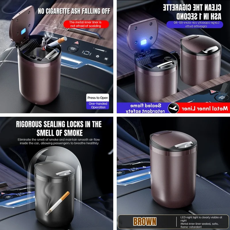 1PC New Auto Ashtray, One Click Open Design, Stainless Steel Liner With LED Light, Sealed Lid Odor-proof Portable Ash Cup