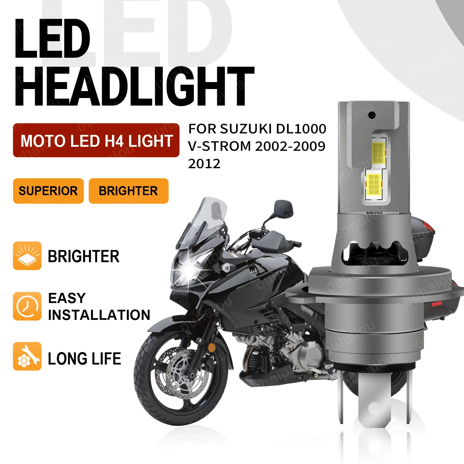 

1Pcs H4 Led Motorcycle Headlight 15000LM Moto High/Low Beam 6000K White For Suzuki DL1000 V-Strom 2002 2003 2004 2005-2009, 2012