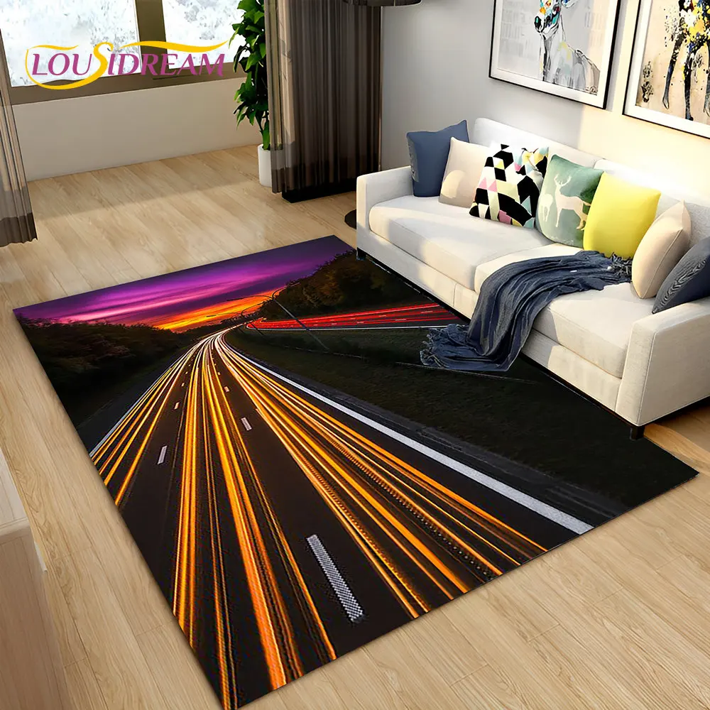 

3D Neon Expressway Track Road Area Rug Large,Carpet Rug for Home Living Room Bedroom Sofa Doormat Decor,Kids Non-slip Floor Mat