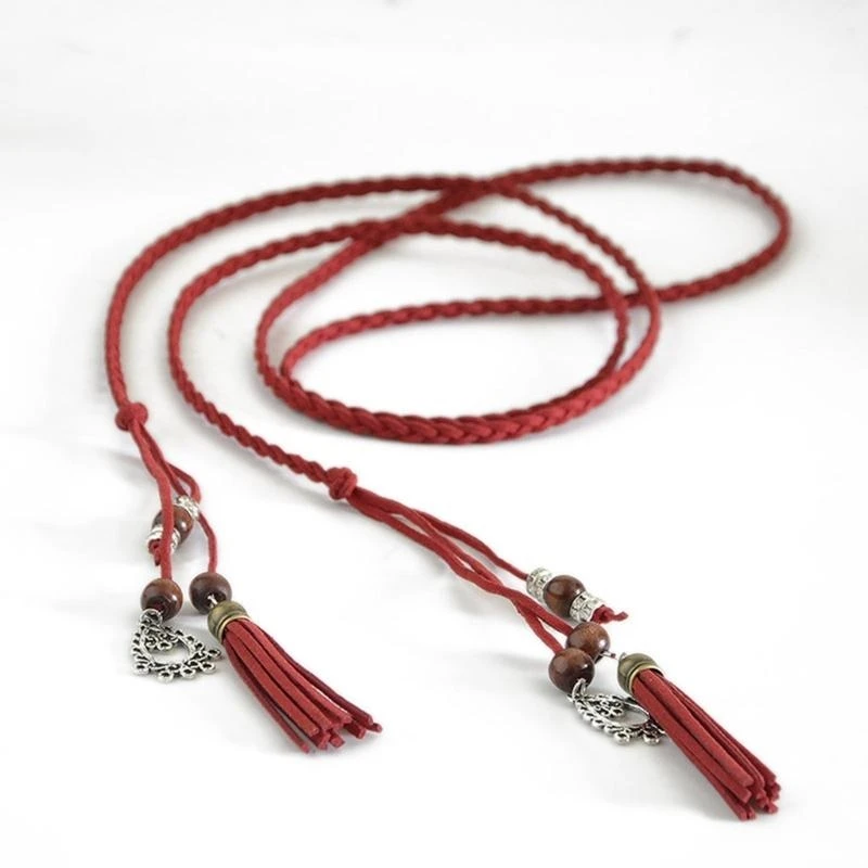 

652F Delicate Fringe Decors Waist Belt Women Beaded Belt Weave Braided Belt Thin Waistband Colorful Knot Vintage Bohemian