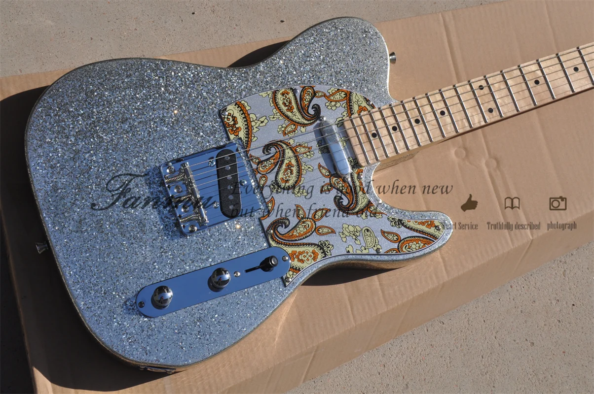 Silver Electric Guitar, Glitter Grain Tel Guitar, Sticker Pickguard, Maple Fingerboard