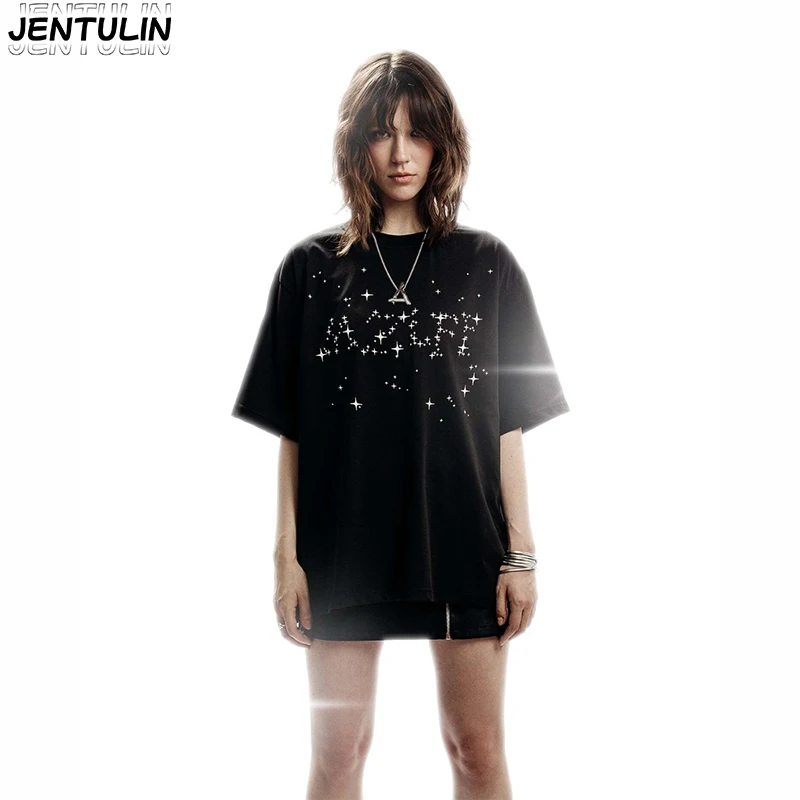 

Summer Street Punk Hip Hop Women's Loose Casual Top Harajuku Retro Four Pointed Star Pattern Printed Men's Short Sleeved T-shirt