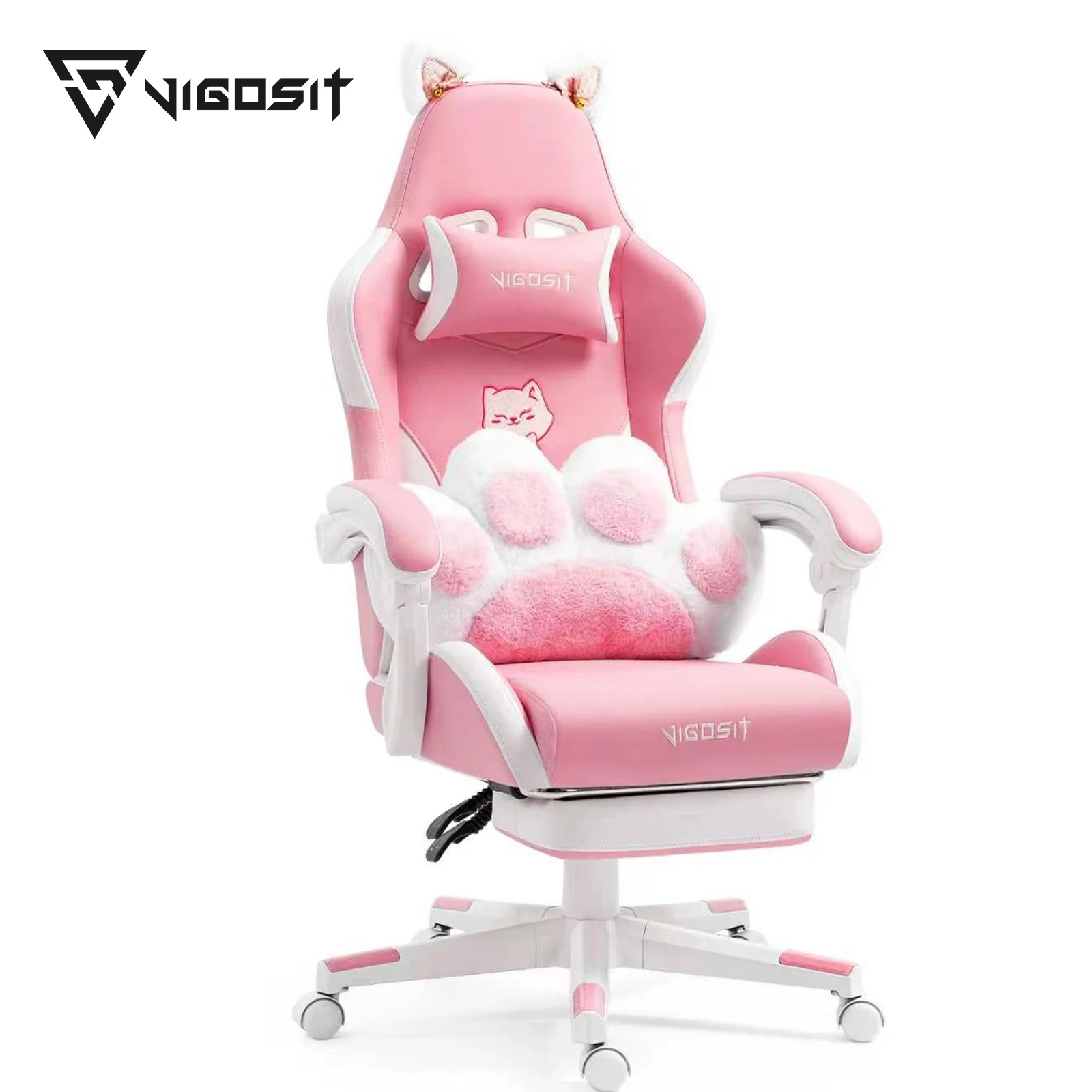 Vigosit Gamingstoel met schattige oren en Kawaii kussen, ergonomische computerstoel voor meisjes met lendensteun