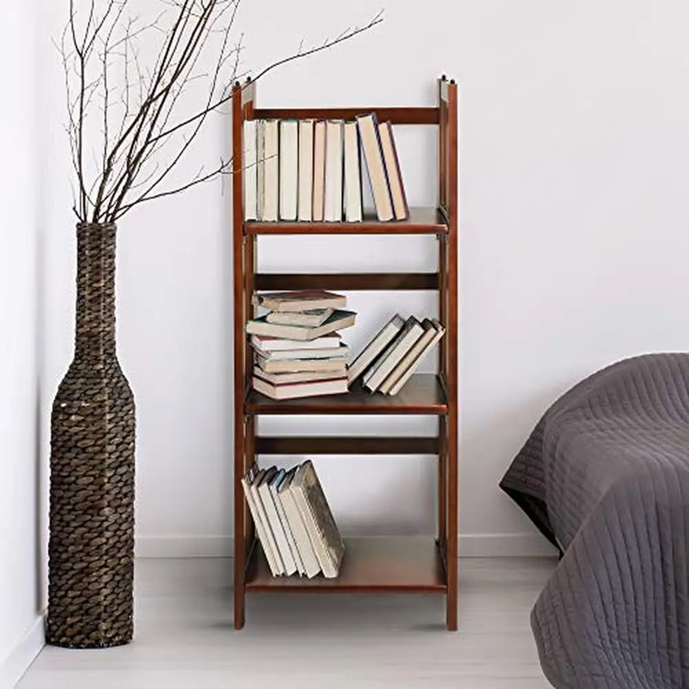 3-Tier Foldable Walnut Bookcase Bedroom and Study Room Durable Solid Wood Construction No Assembly Required 38