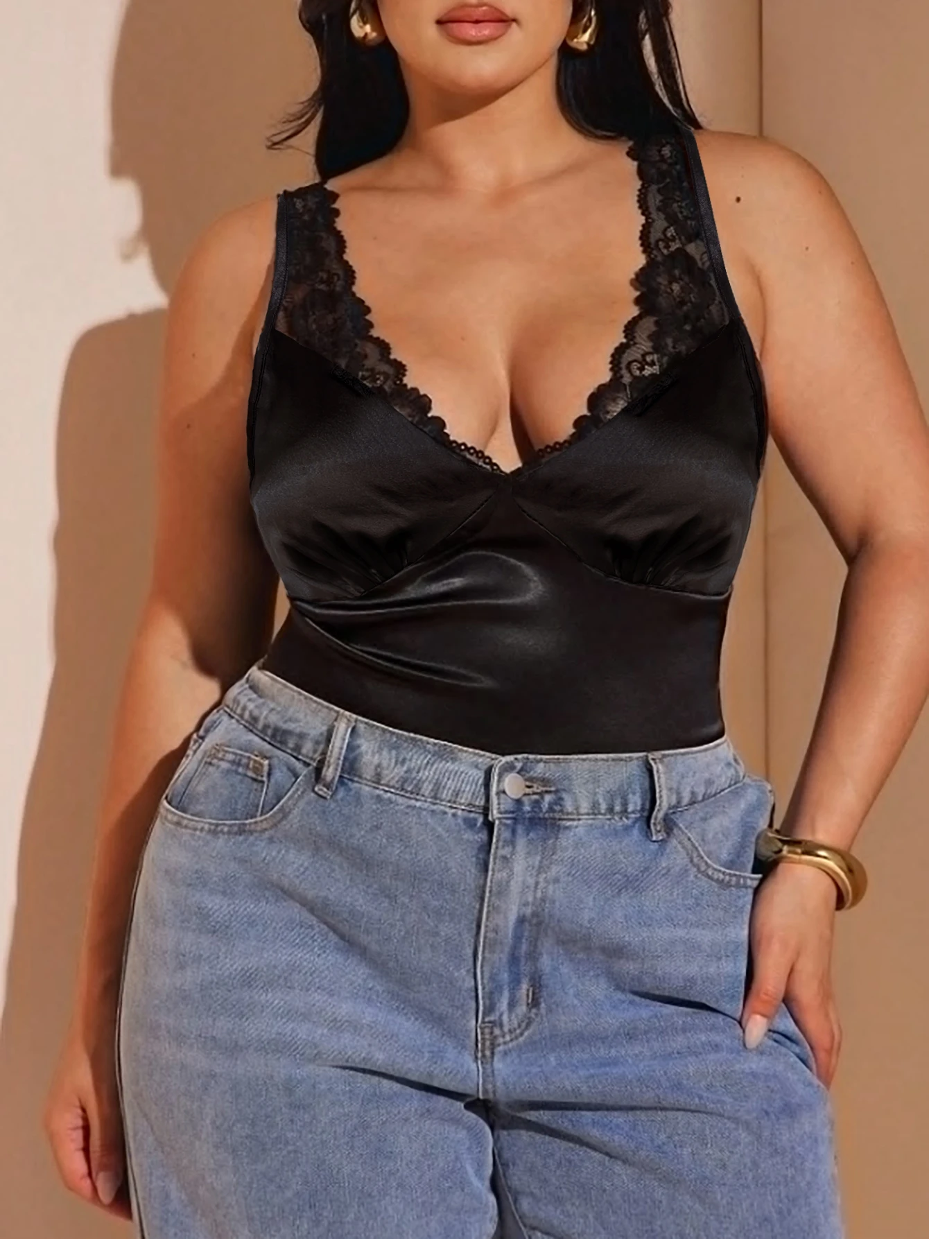 Ladies Elegant Plus‑Size Black Satin Floral Lace V‑Neck Vest Silky Skin‑Friendly Casual Sleeveless Tank Top image 6