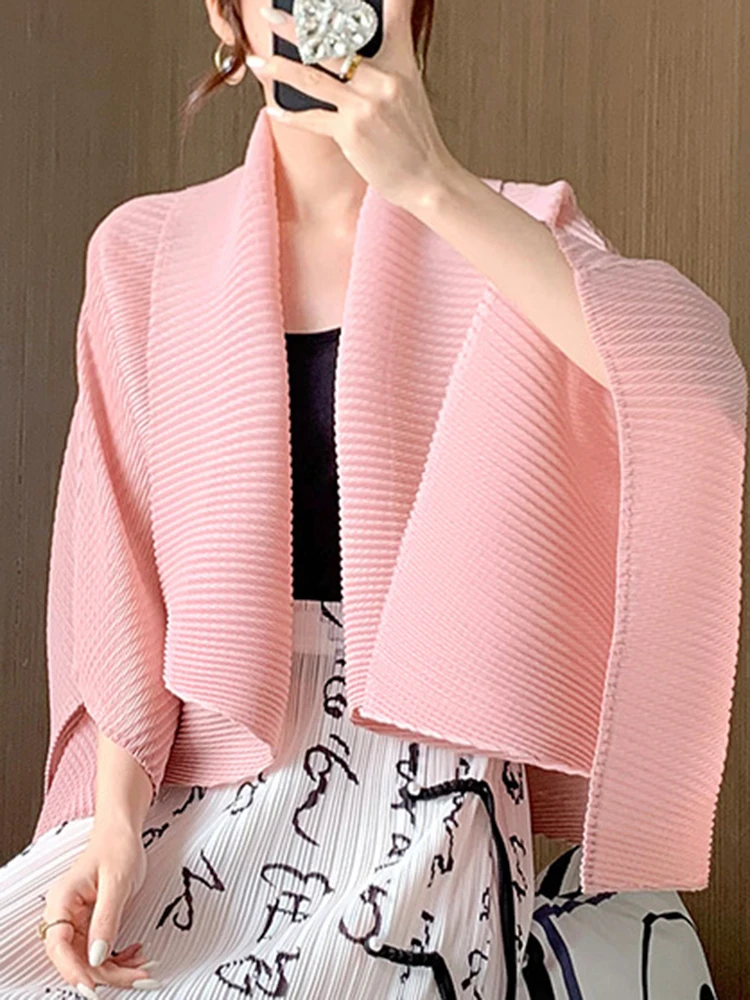 LANMREM Loose Pleated Coat For Women Scarf Collar Solid Color Versatile Cardigan Casual 2024 Summer New Clothing 2AA5317