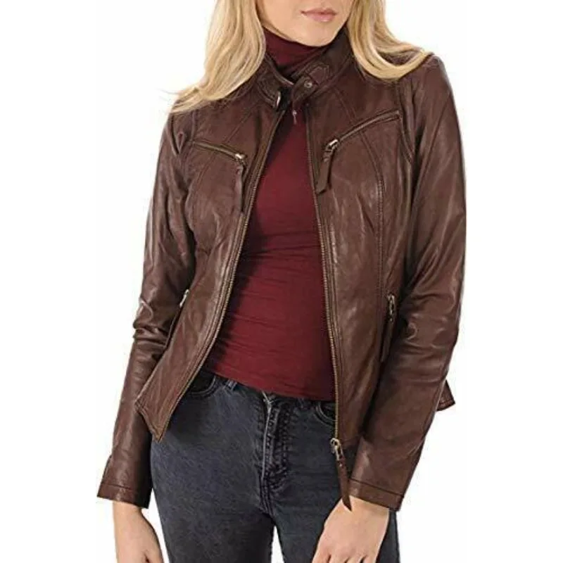 Classic Women's Genuine Lambskin Real Leather Jacket Slim Fit Biker Brown Coat