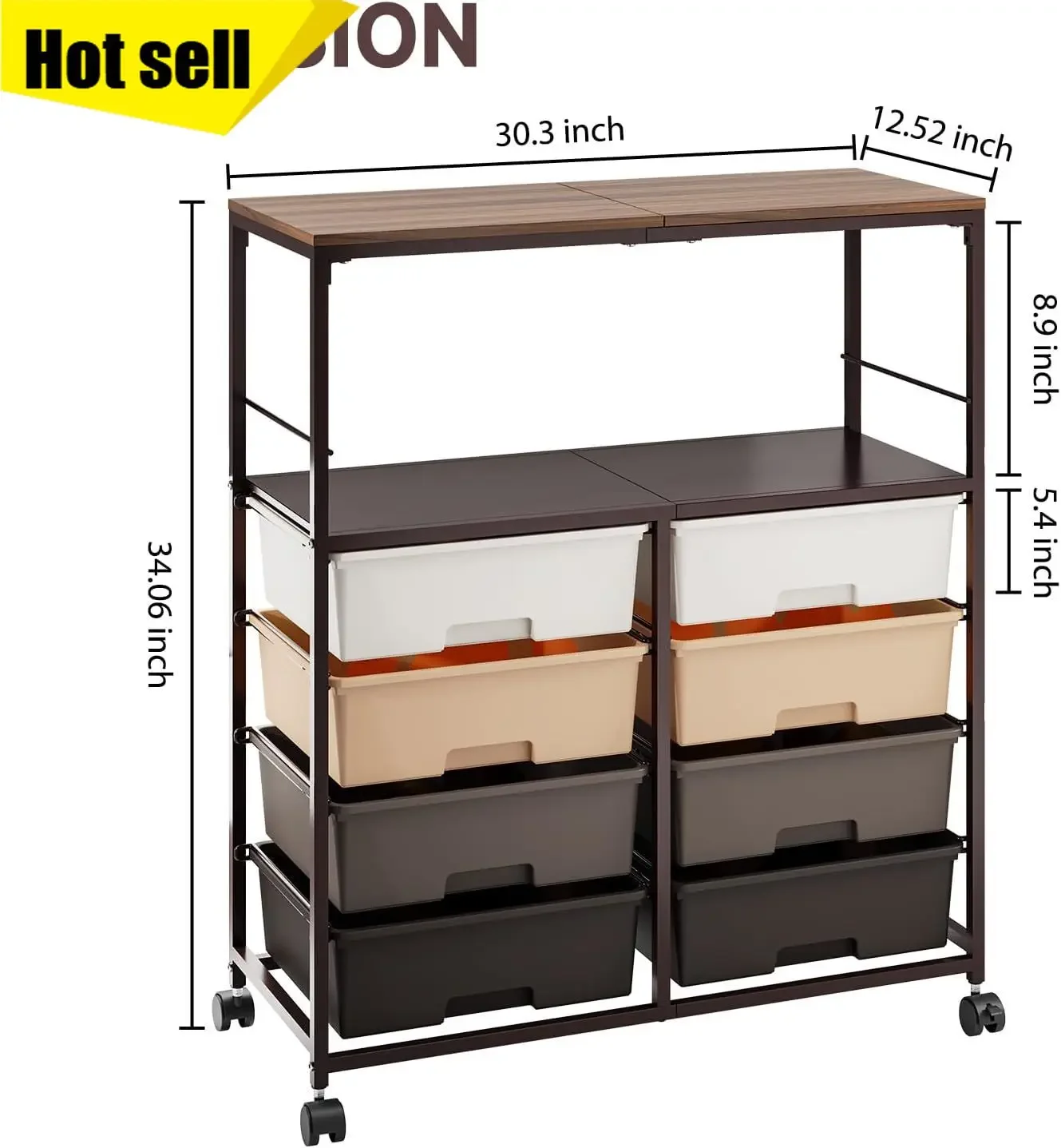 8 Drawers Rolling Storage Cart with Wooden Top, Multipurpose Utility Cart with Opening Shelf & Lockable Wheels, Storage Drawer C