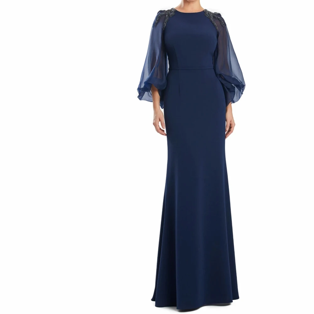 

Dubai Evening Caftan Dress Straight Crew neck Jersey Long Sleeves Floor Length Pleats Sweep Train Solid Color Crystal Party Gown