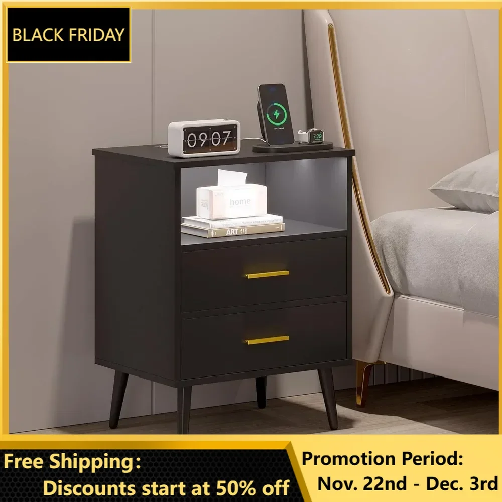 Nightstand Set 2p, LED Nightstand with Charging Station, Human Body Induction, NightStand with 2 Drawers and Shelf for Bedroom