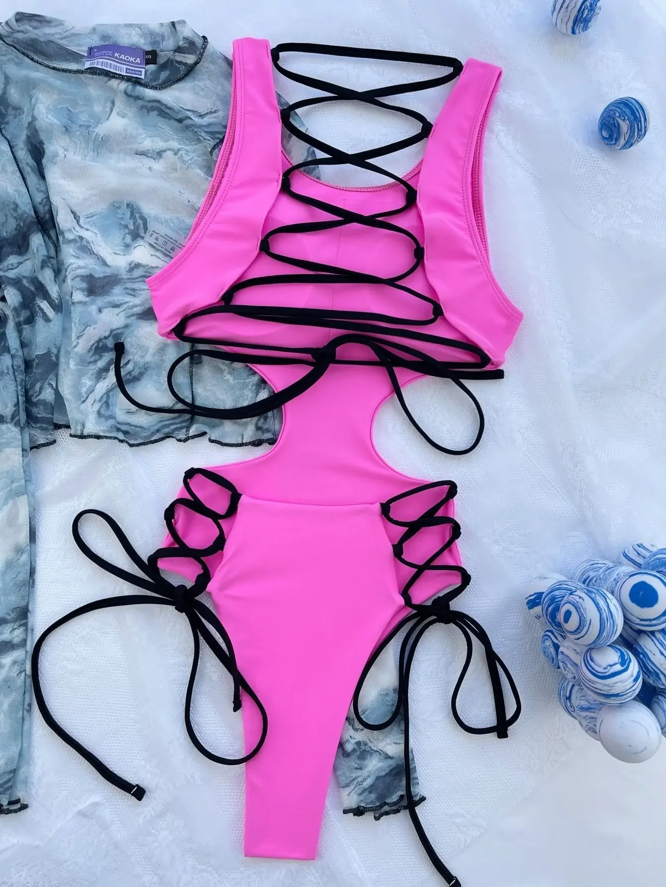 Traje de baño sexy liso sin espalda, traje de baño de una pieza con lazo y cordón, bikinis, trajes de baño, bikini para mujer, trajes de baño tankini