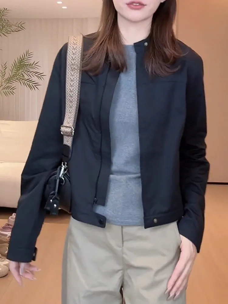 

Casual Loose Women's Baseball Jaet Spring Autumn New Sle Stand Collar ort Outerwear Faion Artistic Sle Straight Hem