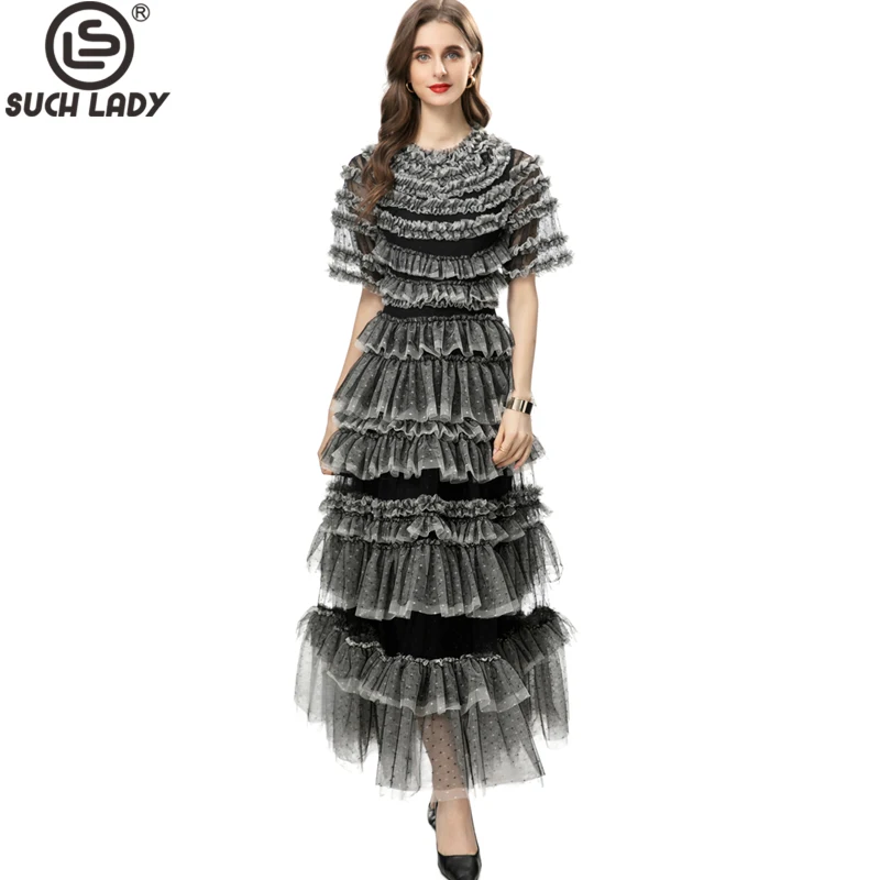 

Women's Runway Dresses O Neck Short Sleeves Sexy Tulle Laid Over Tiered Ruffles Dots Printed Elegant Designer Party Prom