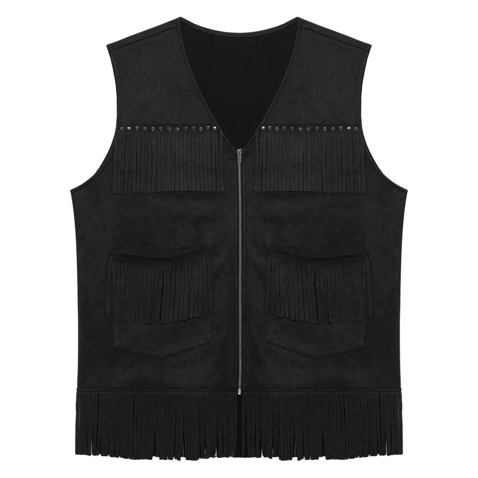 

Men Fashion Black Tassel Waistcoats Sleeveless Halloween Carnival Vintage Cowboy Hippies Folkloric Cosplay Performance Costume