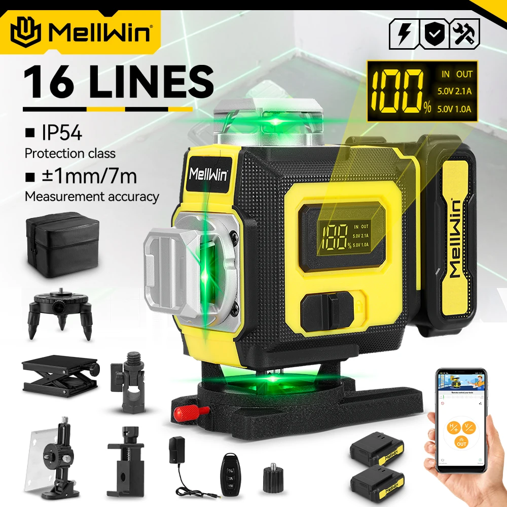 MELLWIN 16 Linien 4D Grüner Laser-Nivellierer Selbstnivellierend 360° Horizontal Vertikal Laser-Nivellierer APP-Fernsteuerung Bauwerkzeug