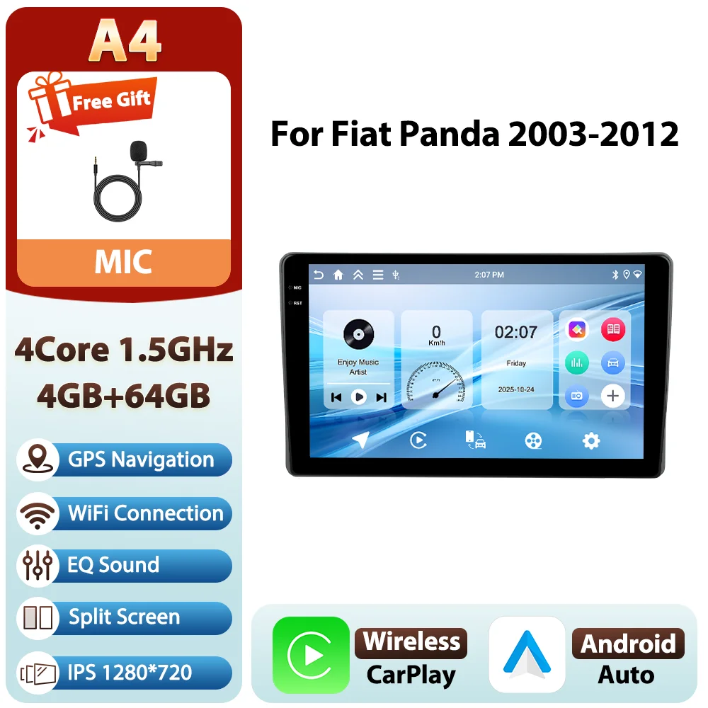 Podofo Android 9 inch 8-core 8+128GB autoradio voor Fiat Panda 2003-2012 met 4G WIFI, multimediaspeler, GPS, AM/FM/RDS - afbeelding 1