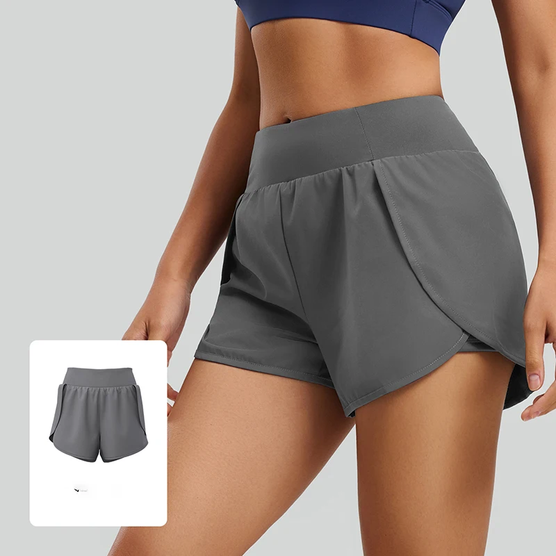

Fake Two Piece Sports Shorts Women Breathable Anti Glare Side Pockets Running Fitness Yoga Pants