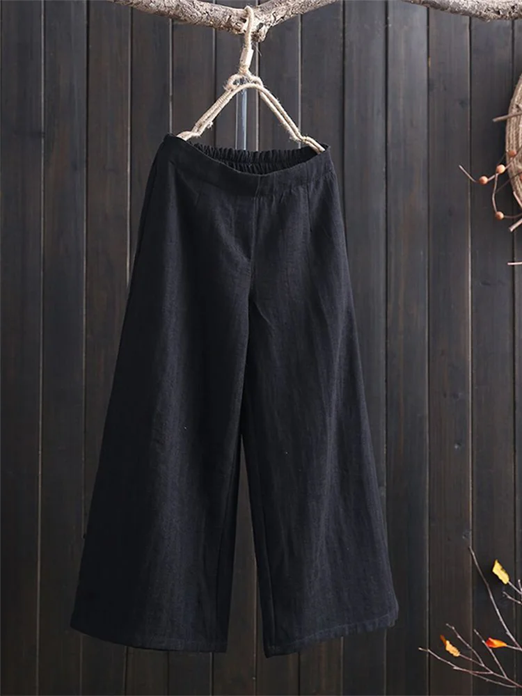 Pantalones de pierna ancha de lino de algodón para mujer, sueltos, talla grande, cintura elástica, color retro, bordado, drapeado, lino informal, nueve puntos...