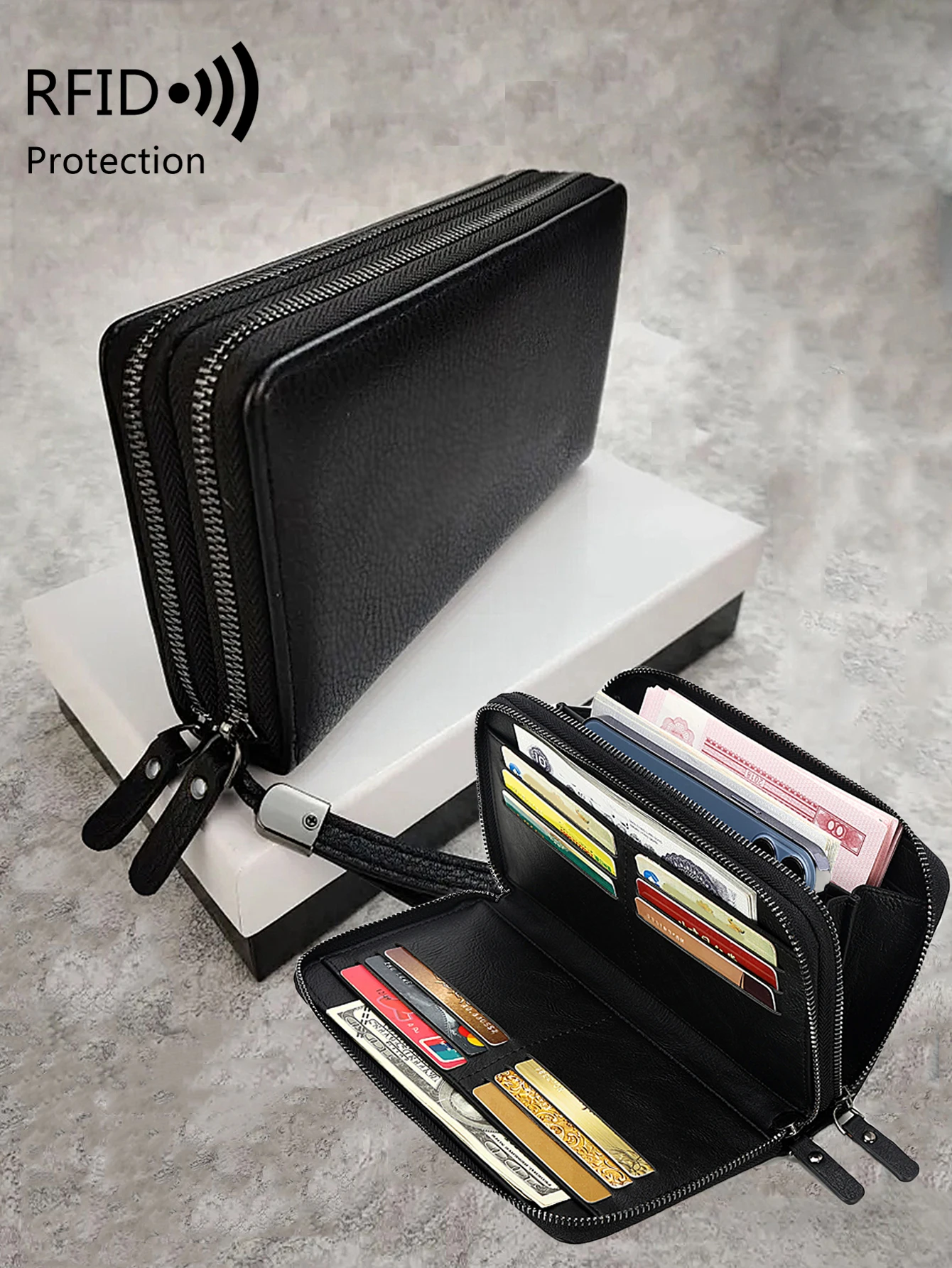 RFID Men's Business Double Zipper Handbag Credit Card Holder Wallet Large Capacity High Quality Pu Leather Long Wallet