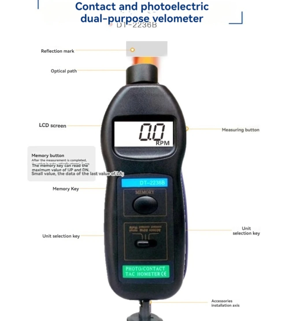 DT-2236B Photoelectric Tachometer and Contact Tachometer Two Function RPM Meter Speed Tester Laser Digital Tachometer Indicator