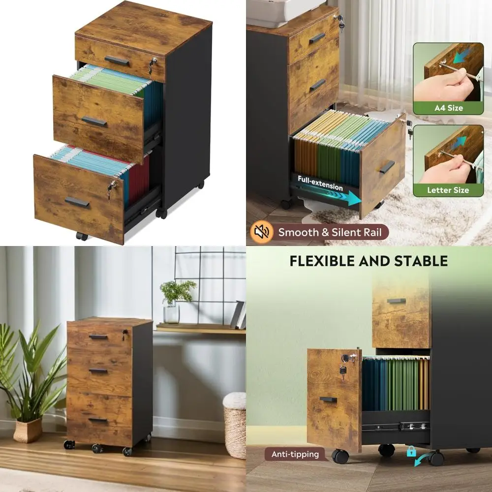 خزانة ملفات خشبية دوارة بثلاثة أدراج مع قفل، مناسبة لوثائق حجم الحروف/A4، بني ريفي للاستخدام المنزلي والمكاتب