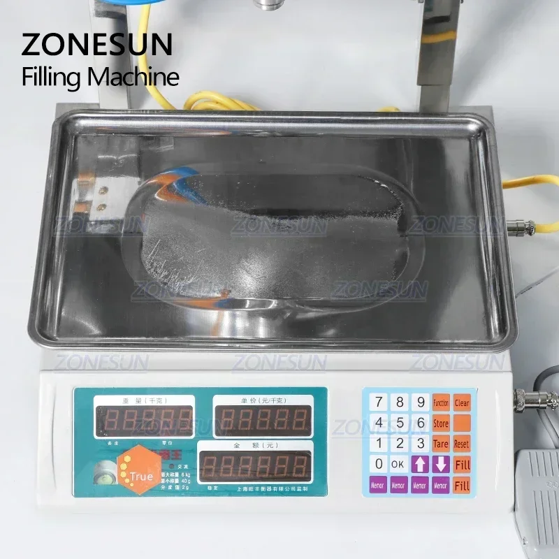 

ZONESUN ZS-FMW2500 50-2500г Машина для взвешивания и розлива меда, вязких паст, кетчупа, салатных соусов, пальмового масла в бутылки
