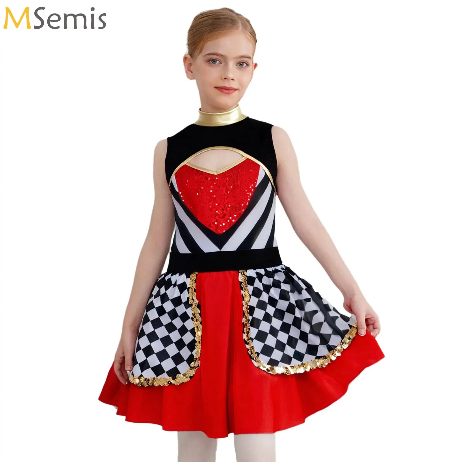 

Toddler Little Girl Wonderland Red Heart Queen Halloween Costume Fancy Dress Up Party Outfit Sleeveless Chest Cutout Puffy Dress