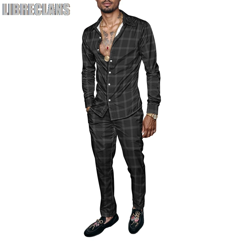 

Grid Simple 2 Piece Men's Clothing Shirt Set Brand Print Fashion Spring Winter Mens Luxury Lightweight Party Long Sleeves Suits