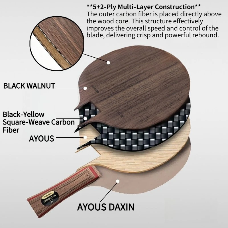 KASEED PEERLESS A186 7Ply Table Tennis Blade 5+2 Black‑Yellow Square‑Weave Carbon Fiber Black Walnut Surface Ping Pong Paddle