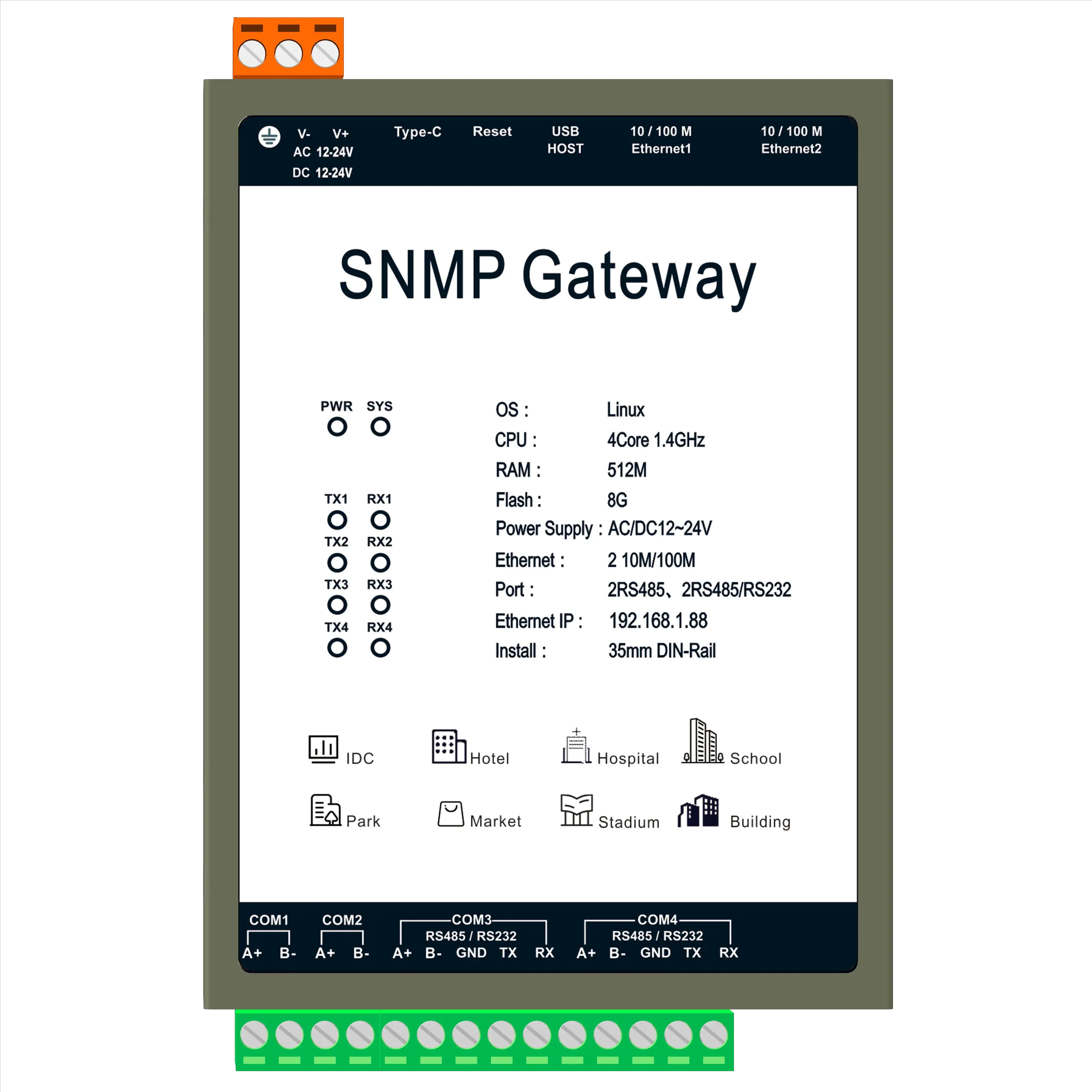 

SNMP2004-A9 2 порта Ethernet и 2 порта RS485 и 2 порта RS485/RS232 поддерживают более 300 протоколов и 1024 бирок