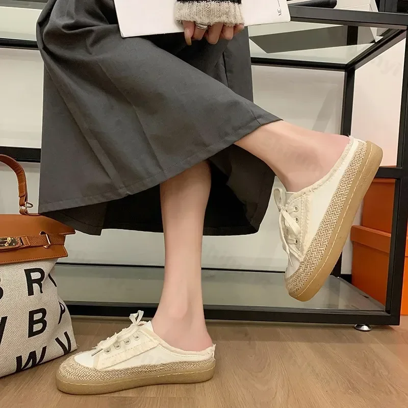 Fashion Casual Lace Up Canvas Shoes for Women 2024 Autumn New Designer Half Slipper Shoes Female Flat Casual Sneakers Ladies image 2