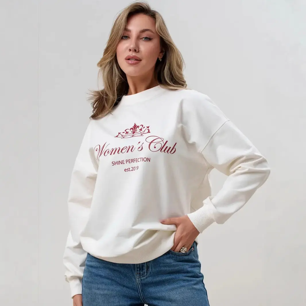 Russe élégant rétro lettres impression blanc pull col rond sweats ample surdimensionné Hip Hop Y2K haut Streetwear jeunes femmes