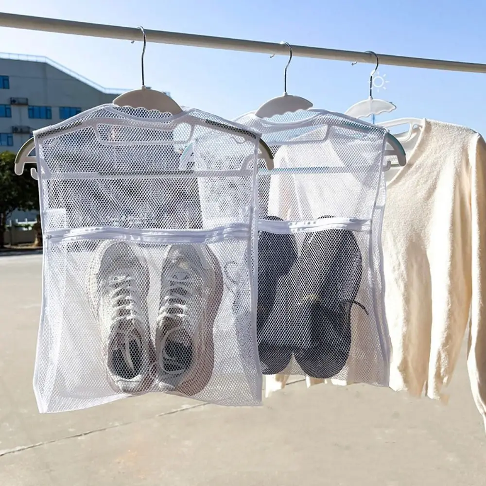 

2Pcs Folding Shoe Drying Net Reusable with zipper Slippers Sneakers Drying Racks Windproof Mesh Laundry Bag Balcony