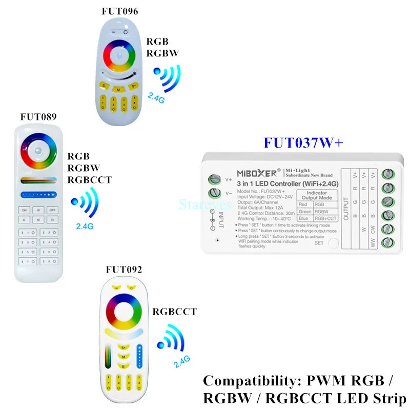 MiBoxer Tuya WiFi Alexa Google Home Voice controller PWM LED strip dimmer CCT FUT035W+ RGB RGBW RGBCCT FUT037W+ 2.4G remote