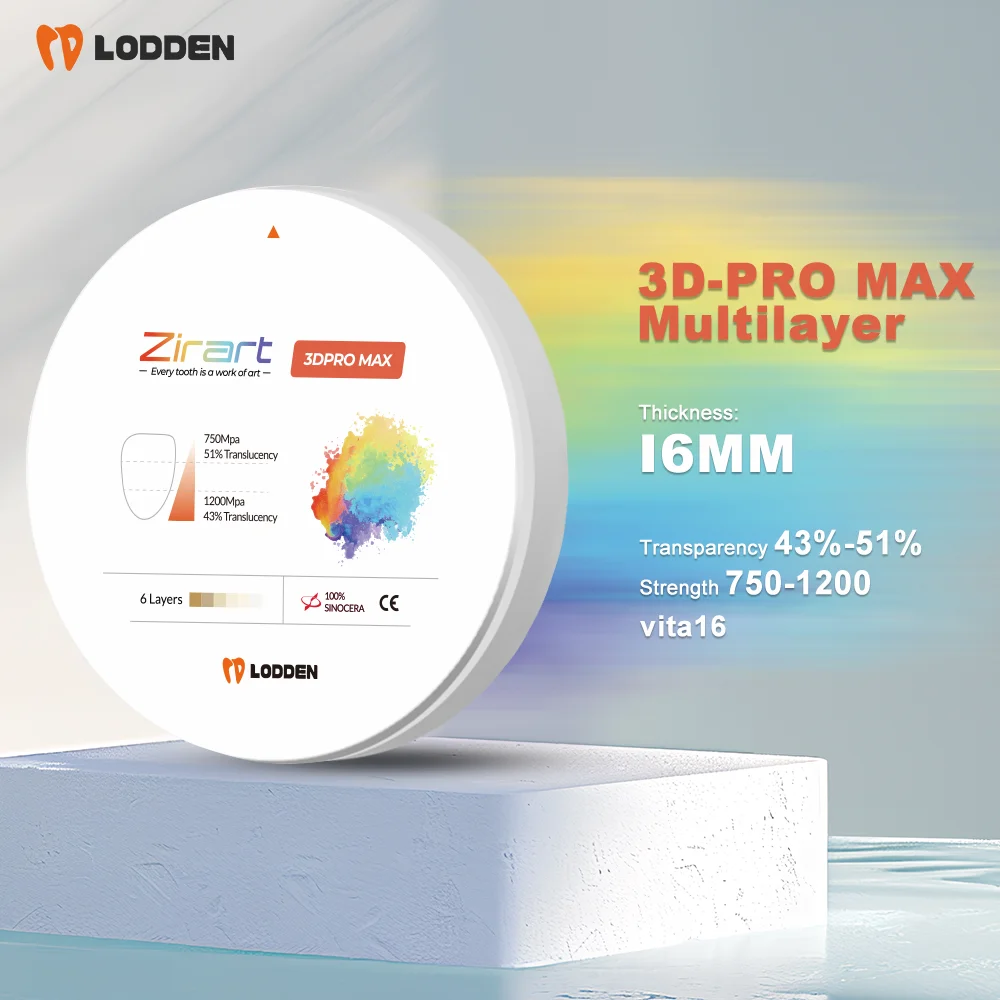 

LODDEN Dental Lab 3D Pro Max Zirconia 98*16mm 5 Layers Multilayer Blocks Zirconia Disc Denture Materials Transparency 43%-51%